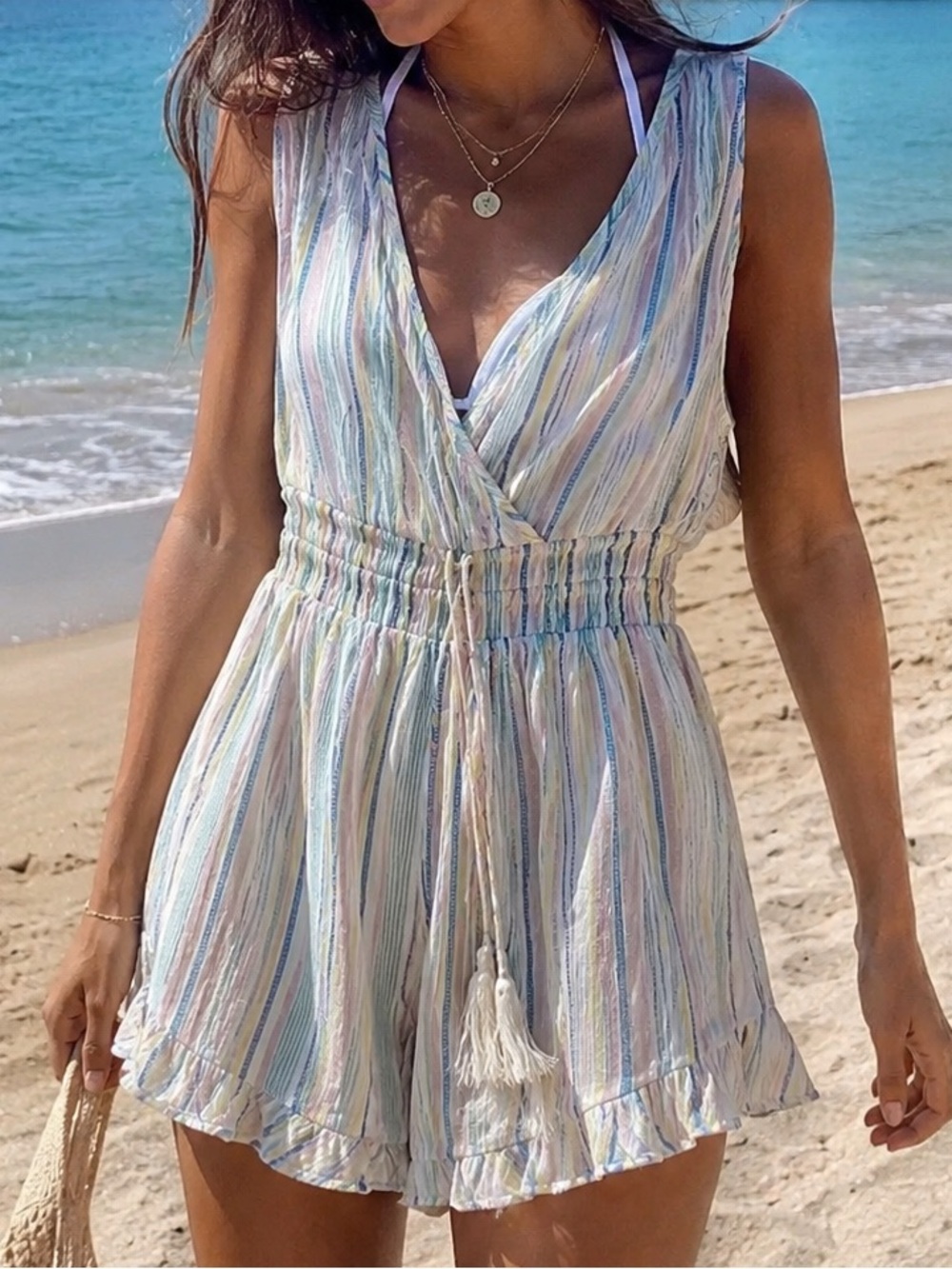 BCBG Pastel Multi-Stripe Sleeveless Beach Romper Coverup
